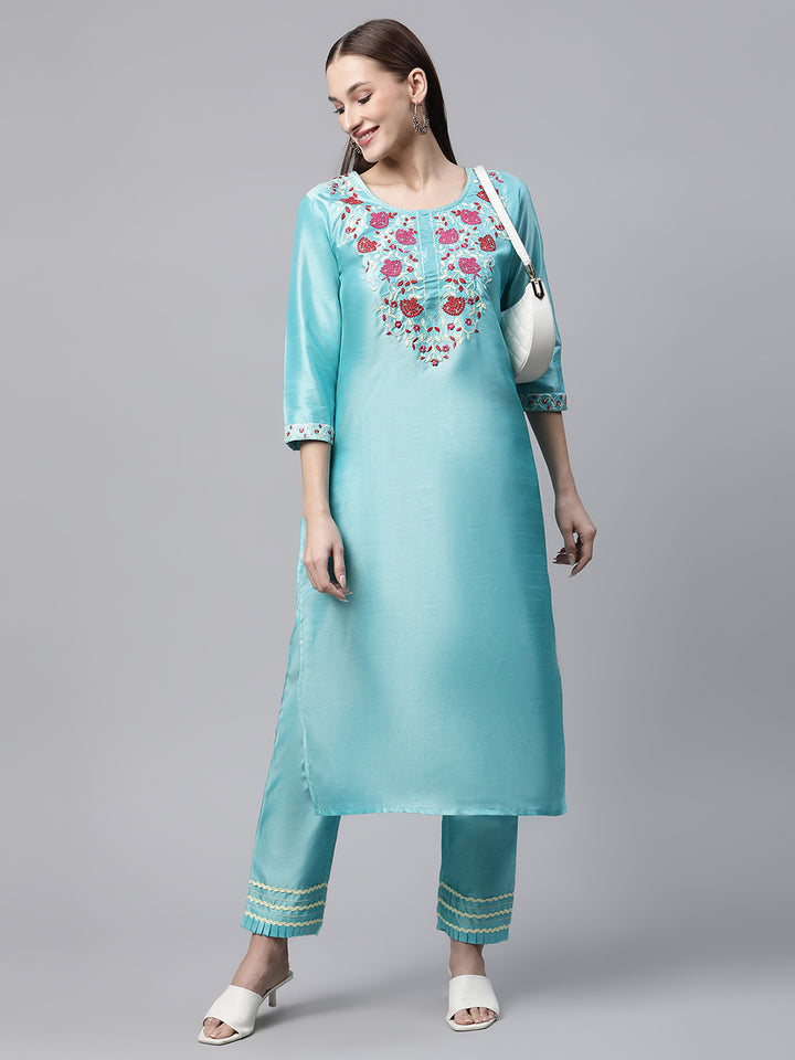 Womens Blue Solid Embroidered Kurta with Trouser