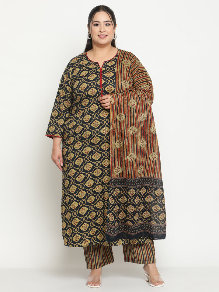 Womens Blue Printed Plus Size Kurta with Trouser and Dupatta