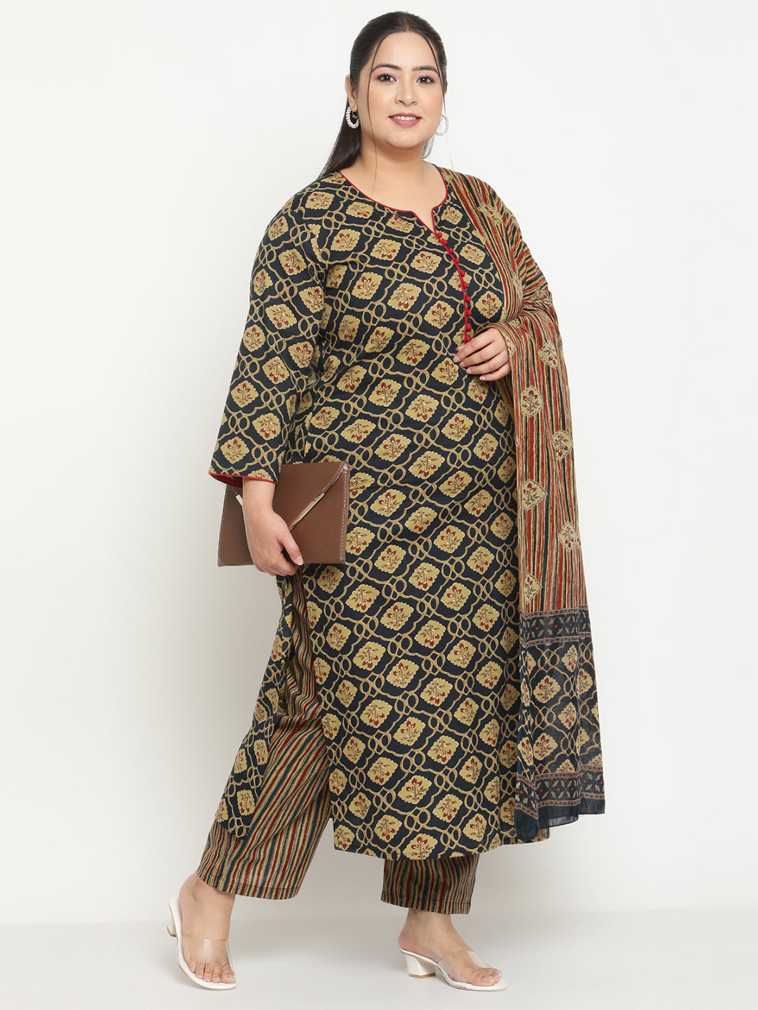 Womens Blue Printed Plus Size Kurta with Trouser and Dupatta