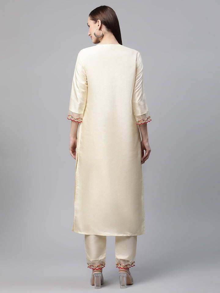 Womens White Solid Embroidered Kurta with Trouser