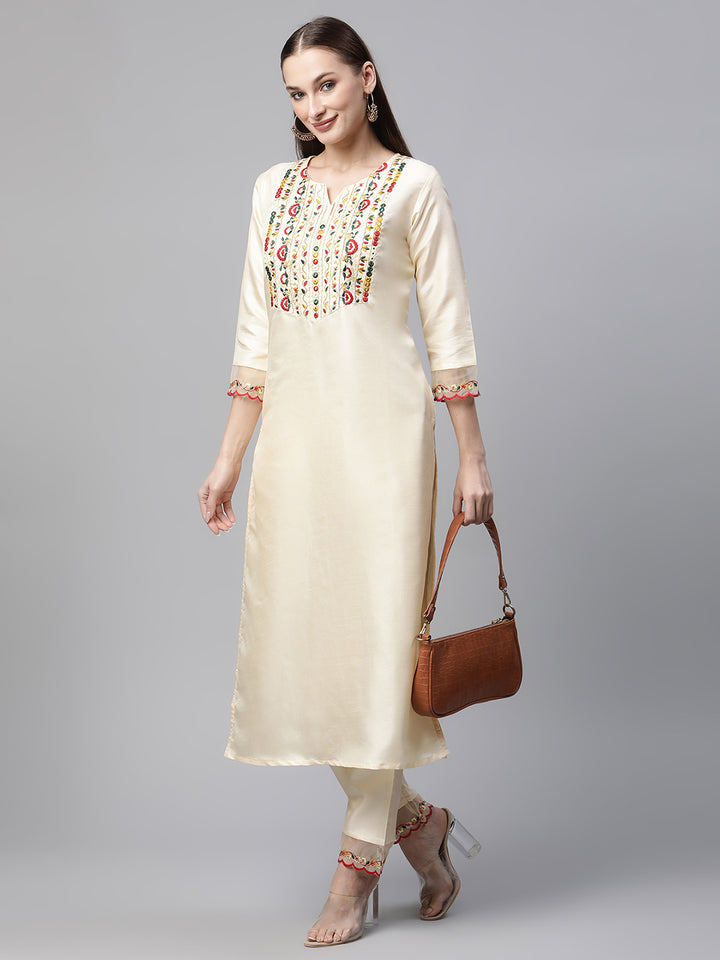 Womens White Solid Embroidered Kurta with Trouser