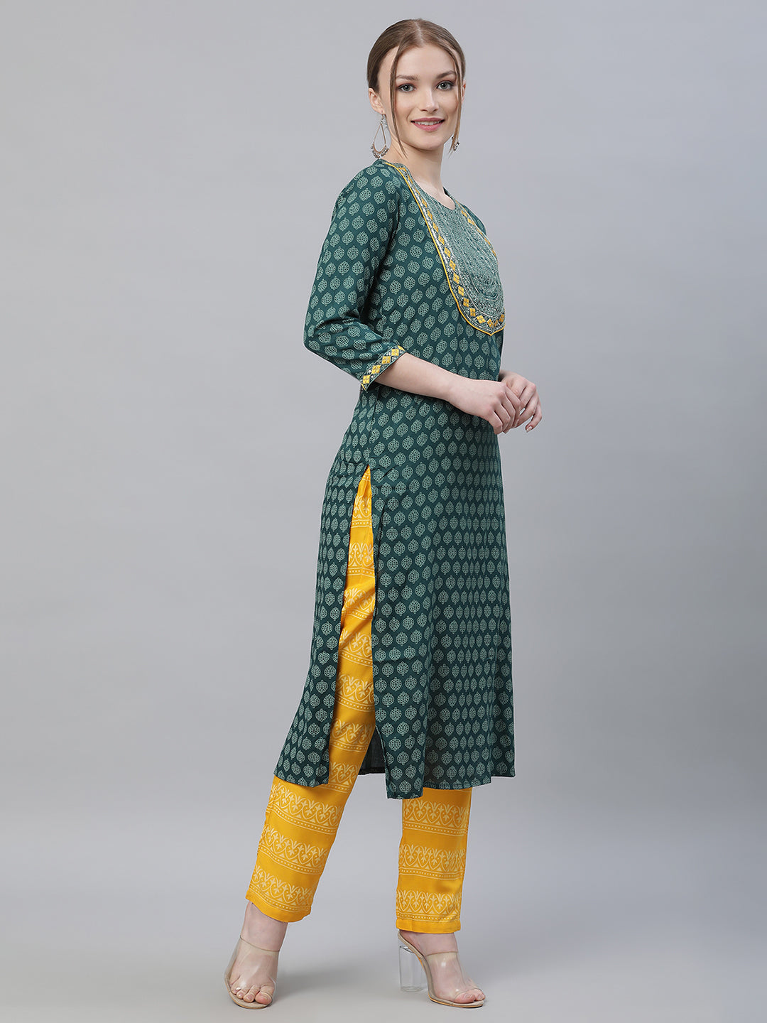 Women Green Floral Printed Embroidered Yoke Rayon Kurta with Trousers & Dupatta