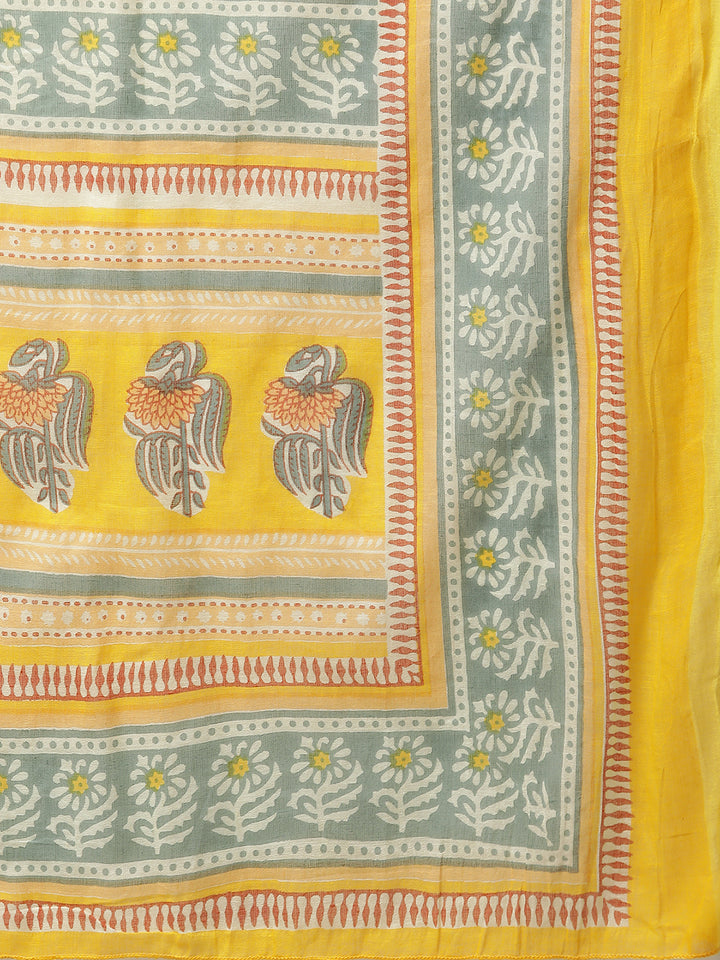 Women Mustard Yellow Pure Cotton Hand Detailing Kurta with Trousers and Dupatta