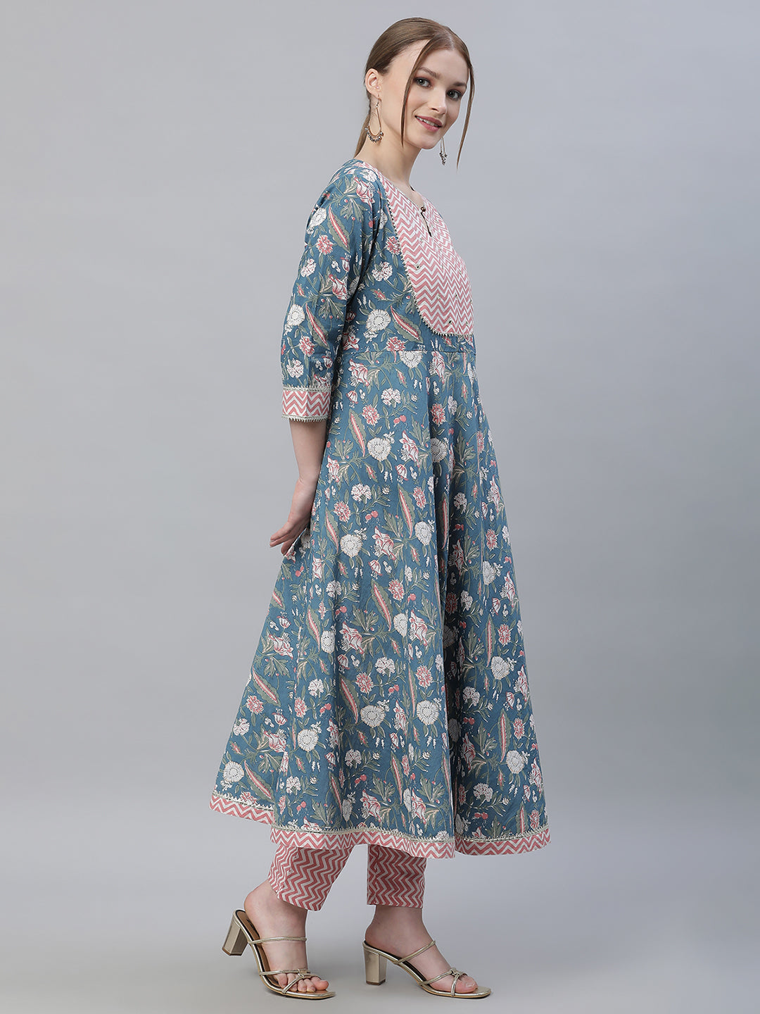 Women Blue and White Flared A-line Printed Kurta with Trousers and Dupatta