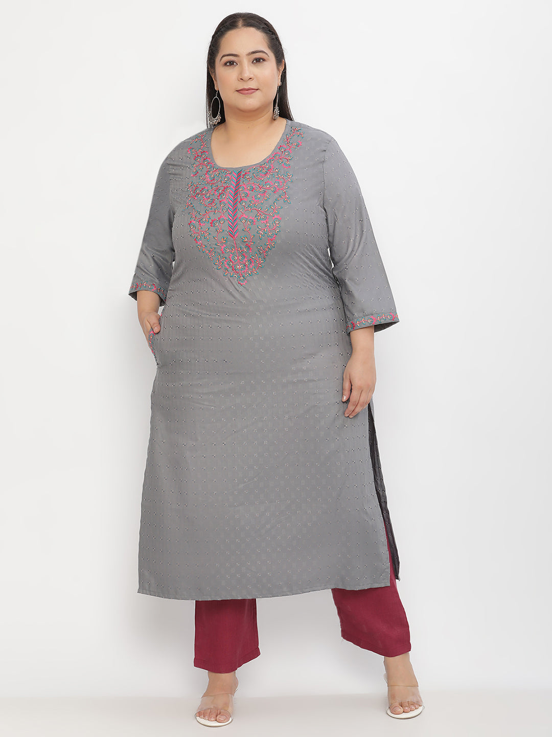 Women Grey Solid Straight Embroiderd Plus Size Kurta