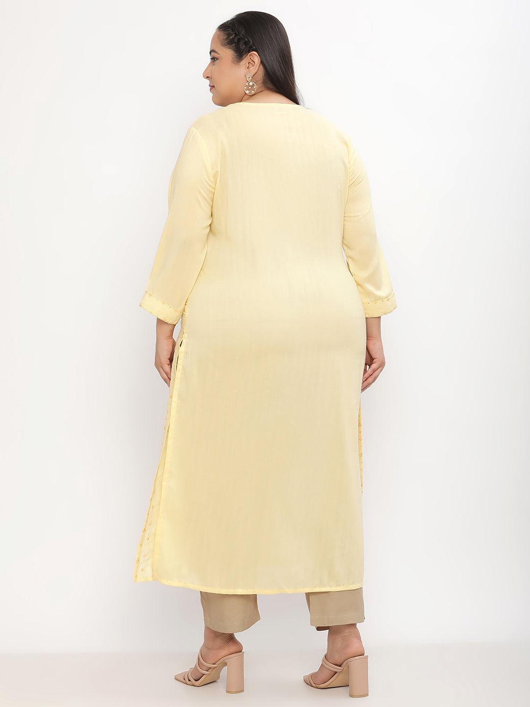 Women Yellow Embroidered Plus Size Straight Kurta