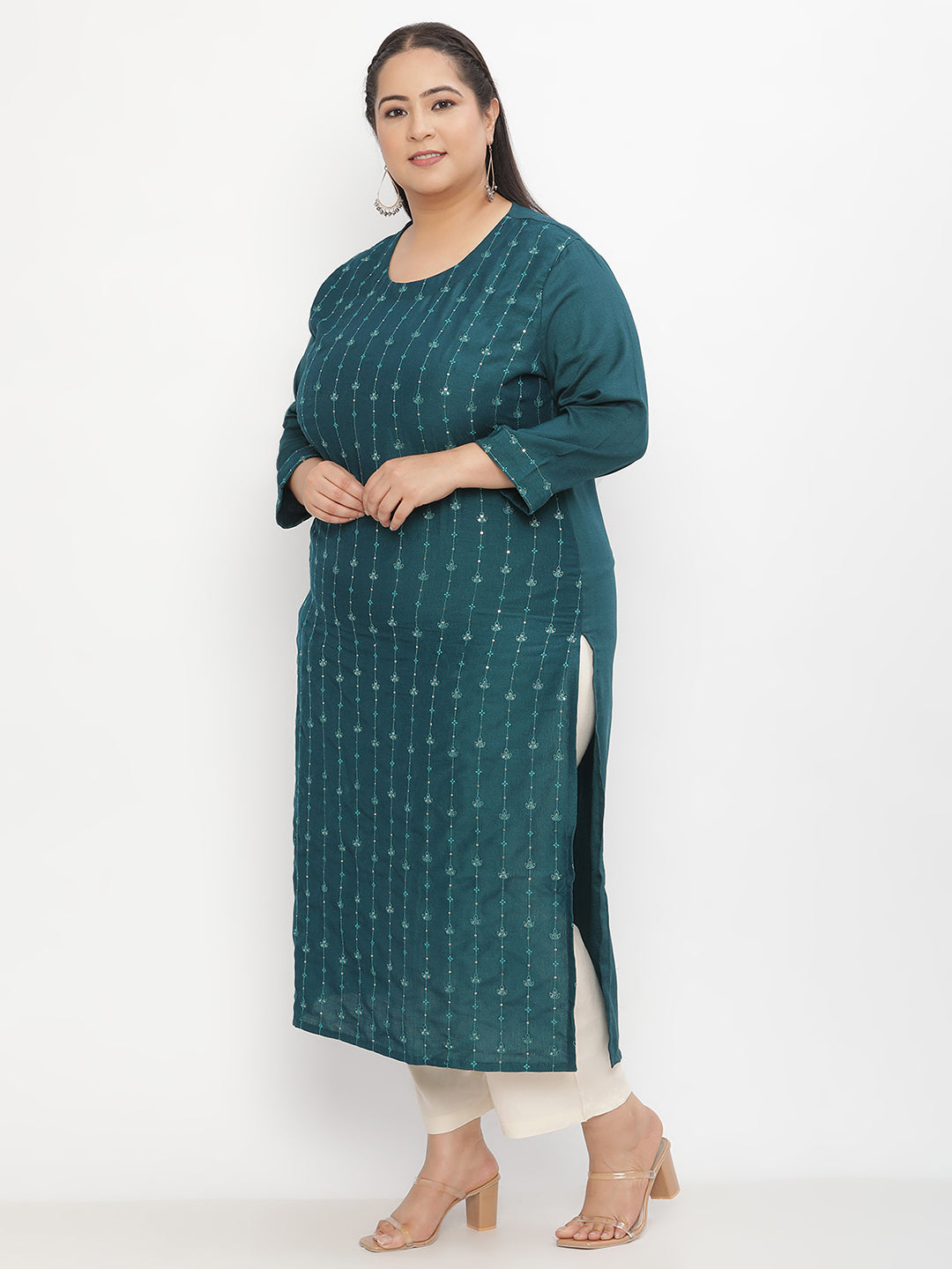 Women Green Embroidered Plus Size Straight Kurta