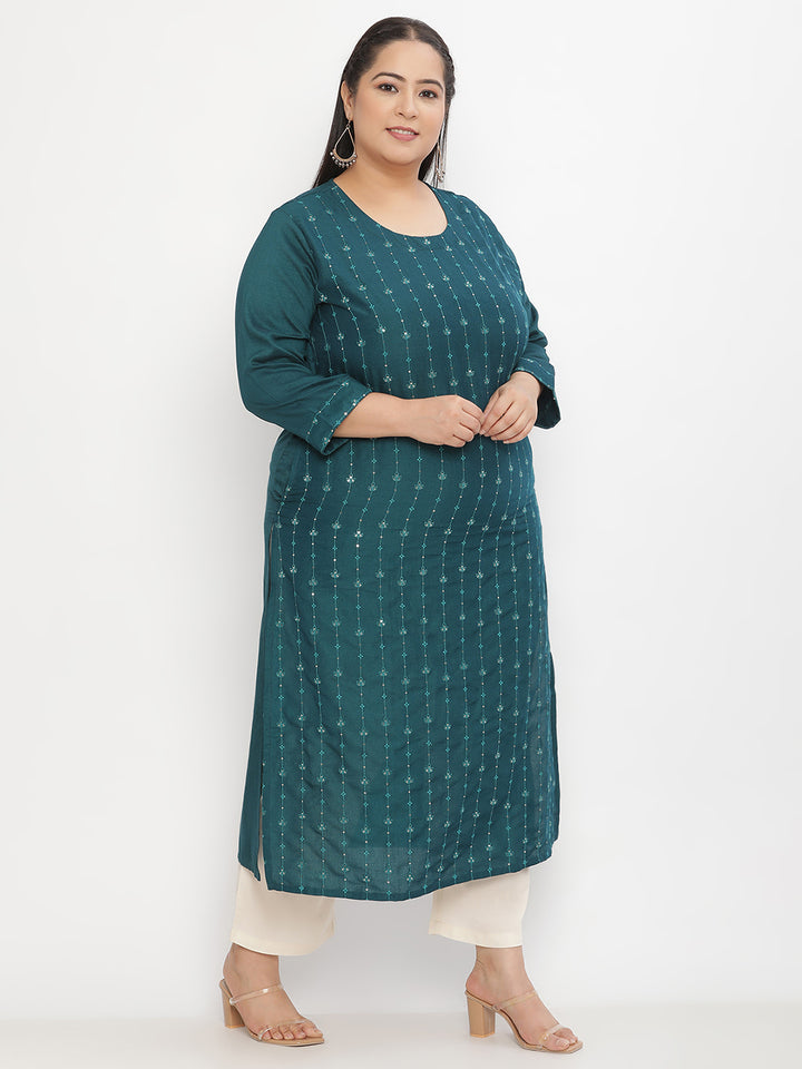 Women Green Embroidered Plus Size Straight Kurta