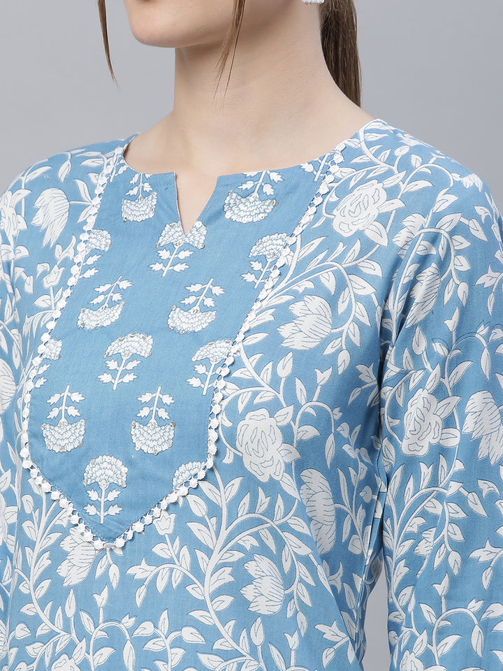Women Blue Printed Hand detailing Kurta with Trousers and Dupatta