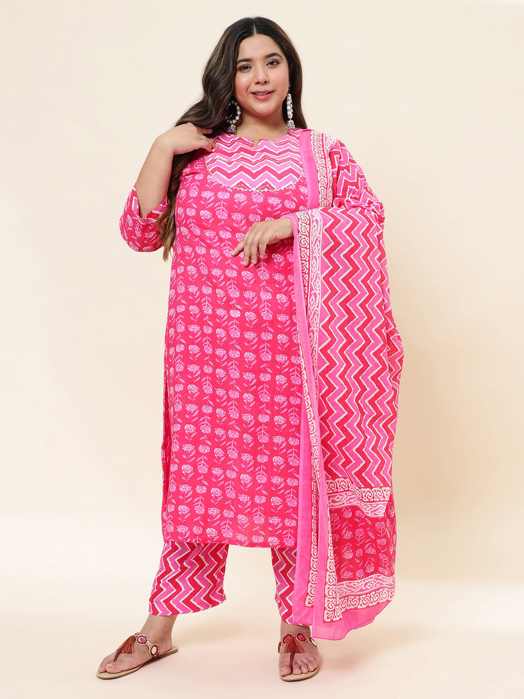 Women Pink Printed Plus Size  Kurta with Trouser and Dupatta