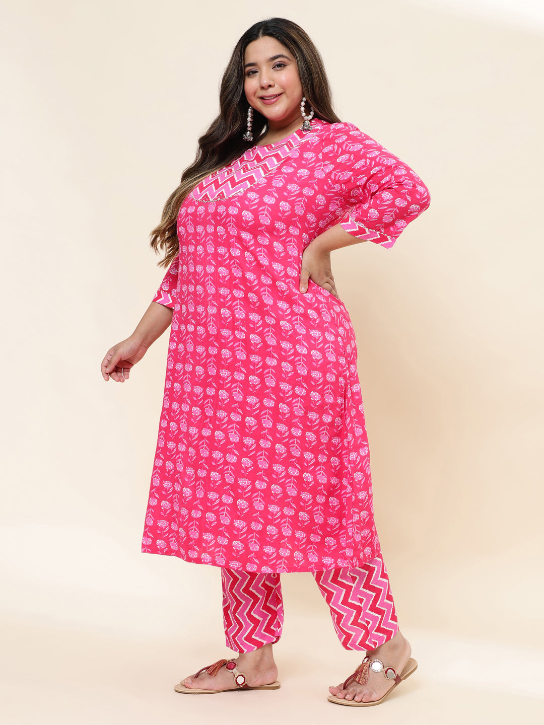 Women Pink Printed Plus Size  Kurta with Trouser and Dupatta