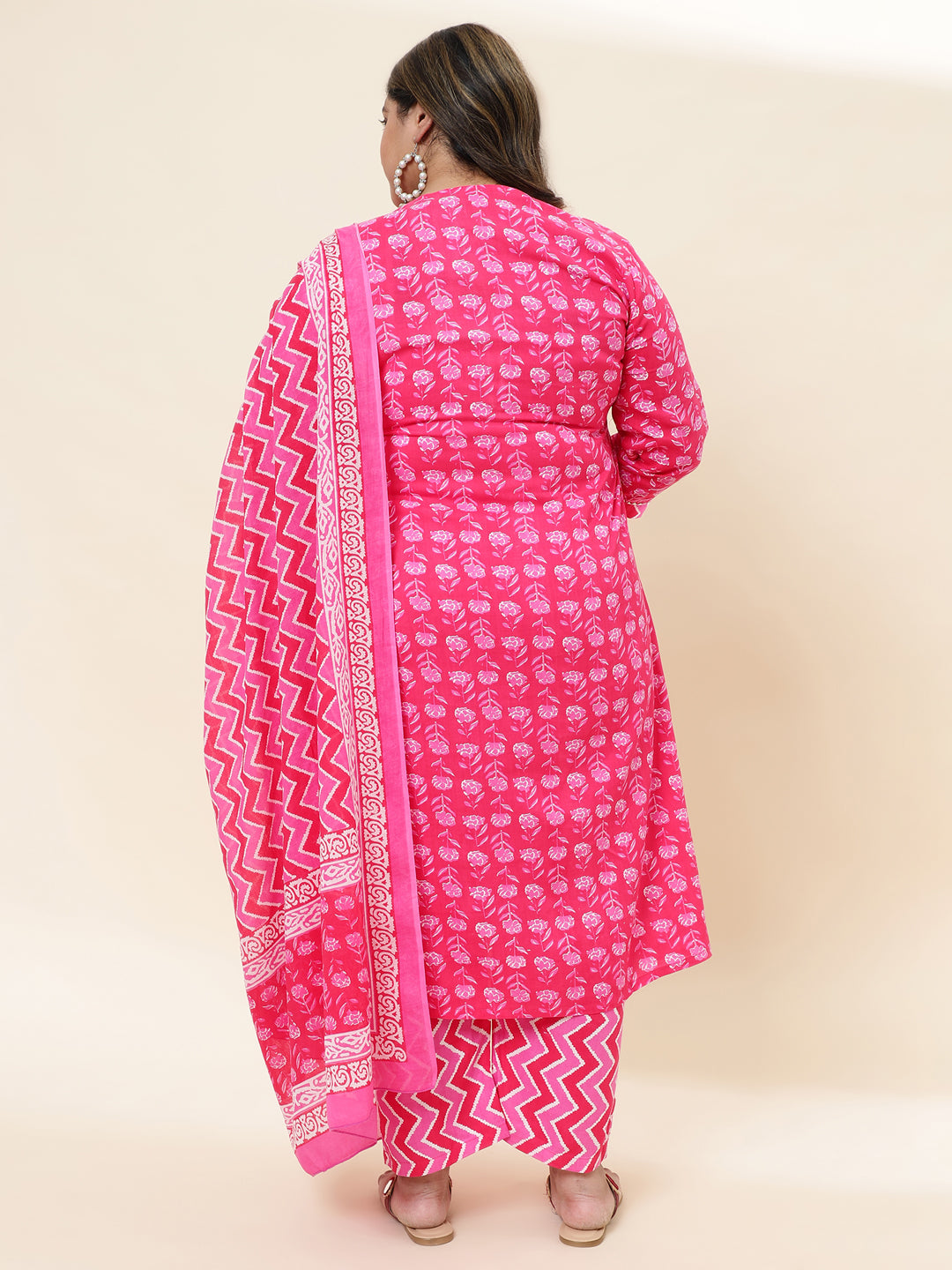 Women Pink Printed Plus Size  Kurta with Trouser and Dupatta