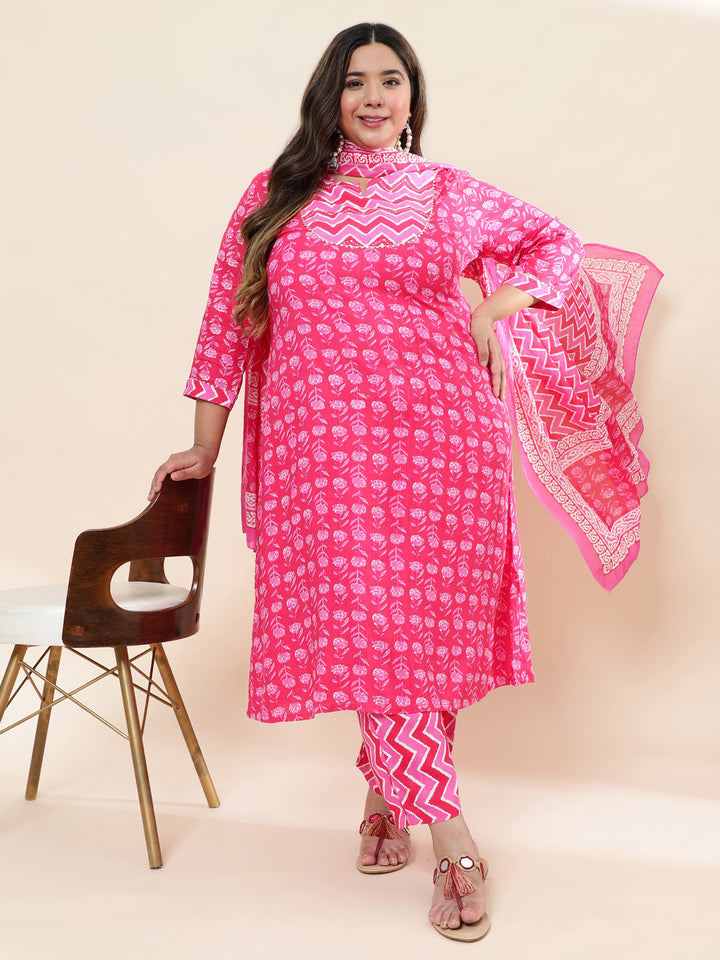Women Pink Printed Plus Size  Kurta with Trouser and Dupatta