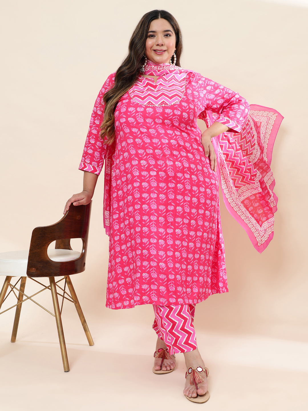 Women Pink Printed Plus Size  Kurta with Trouser and Dupatta