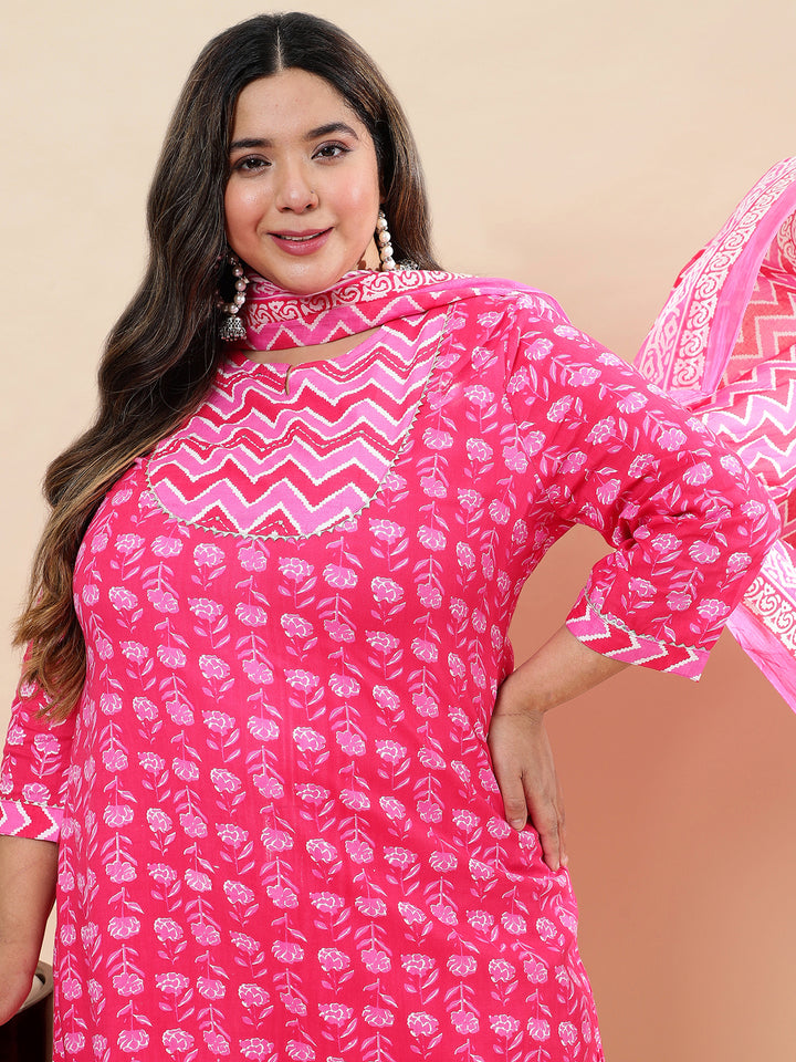 Women Pink Printed Plus Size  Kurta with Trouser and Dupatta