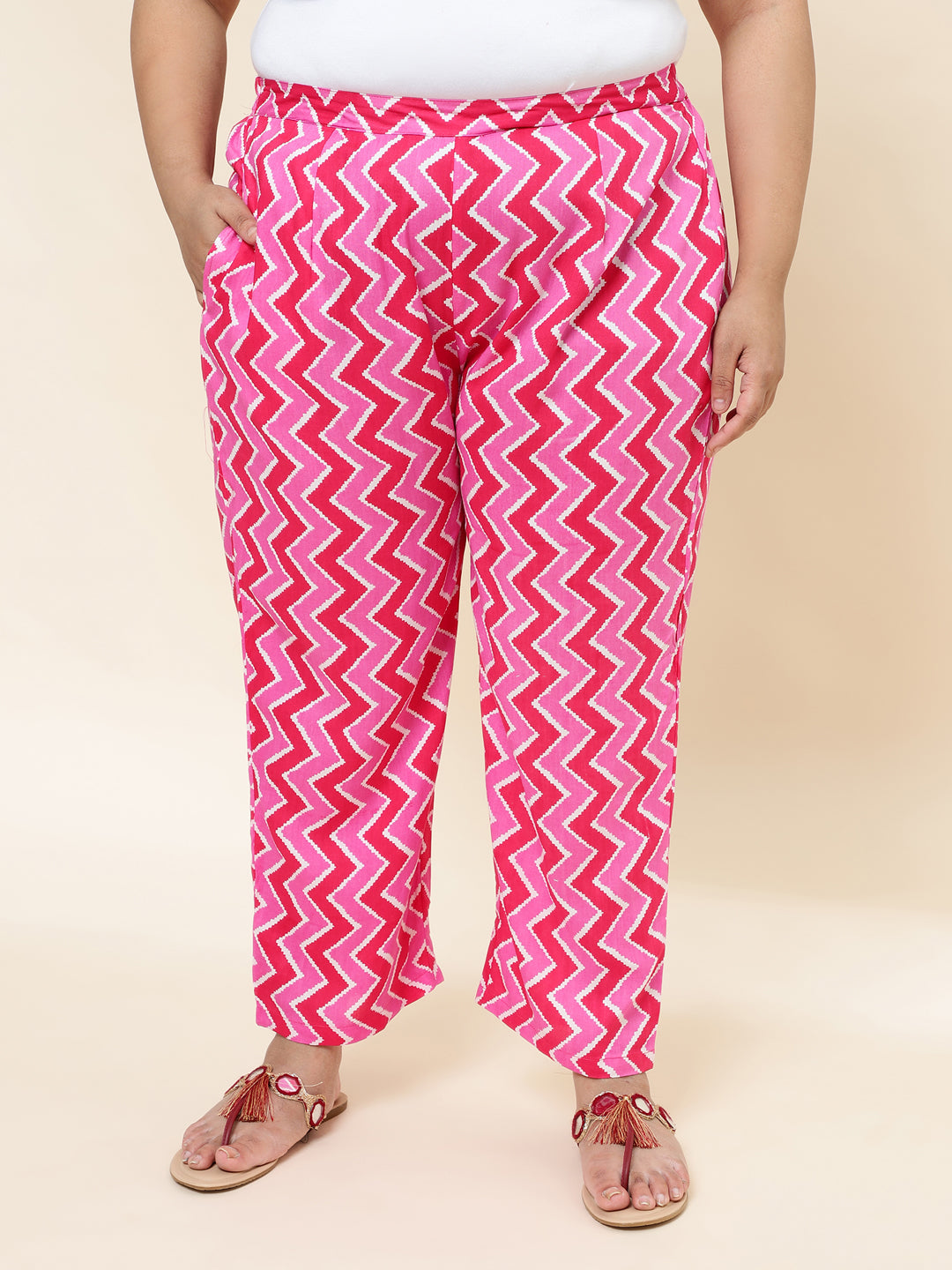 Women Pink Printed Plus Size  Kurta with Trouser and Dupatta