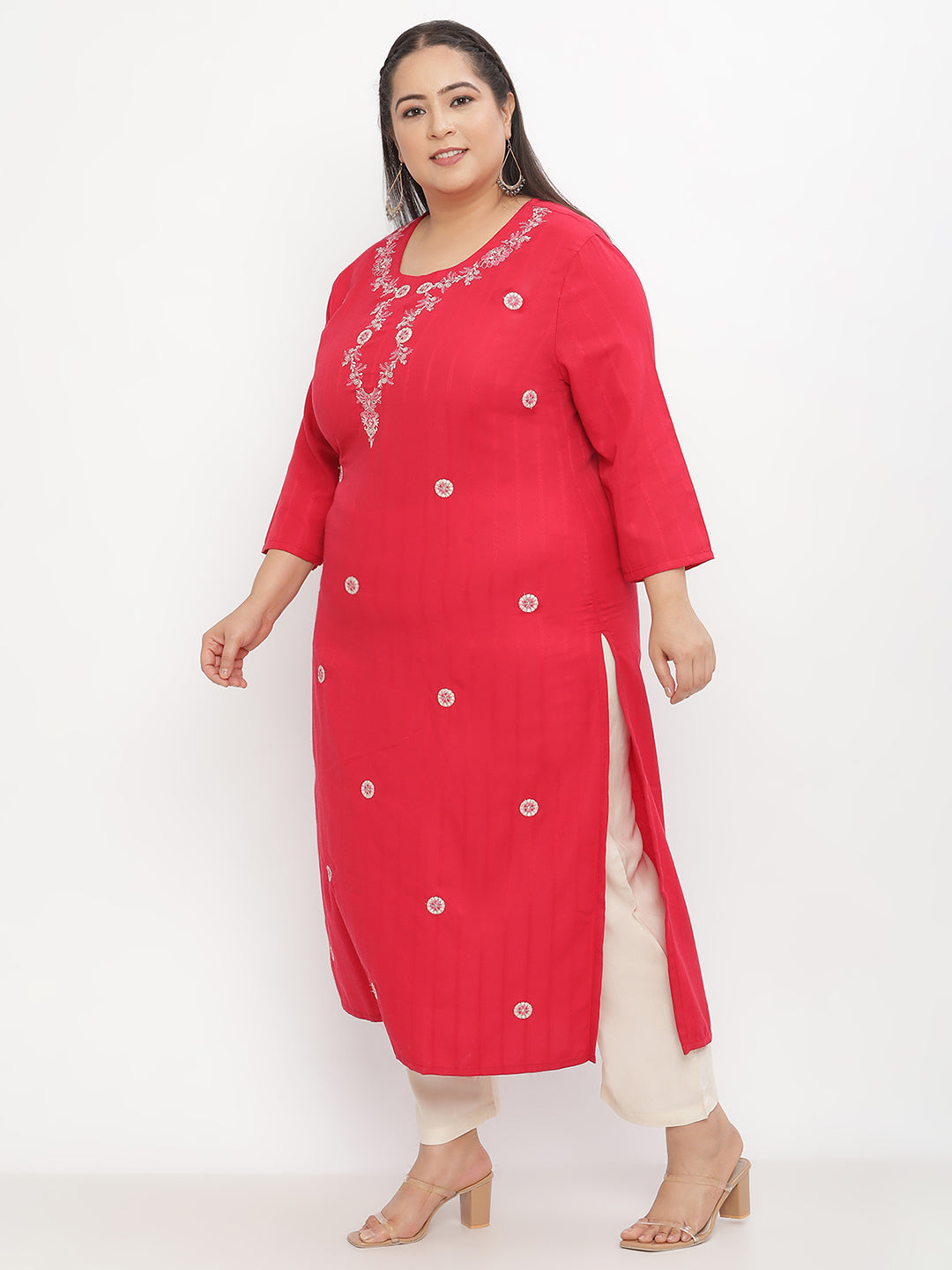 Women Red Embroidered Plus Size Kurta