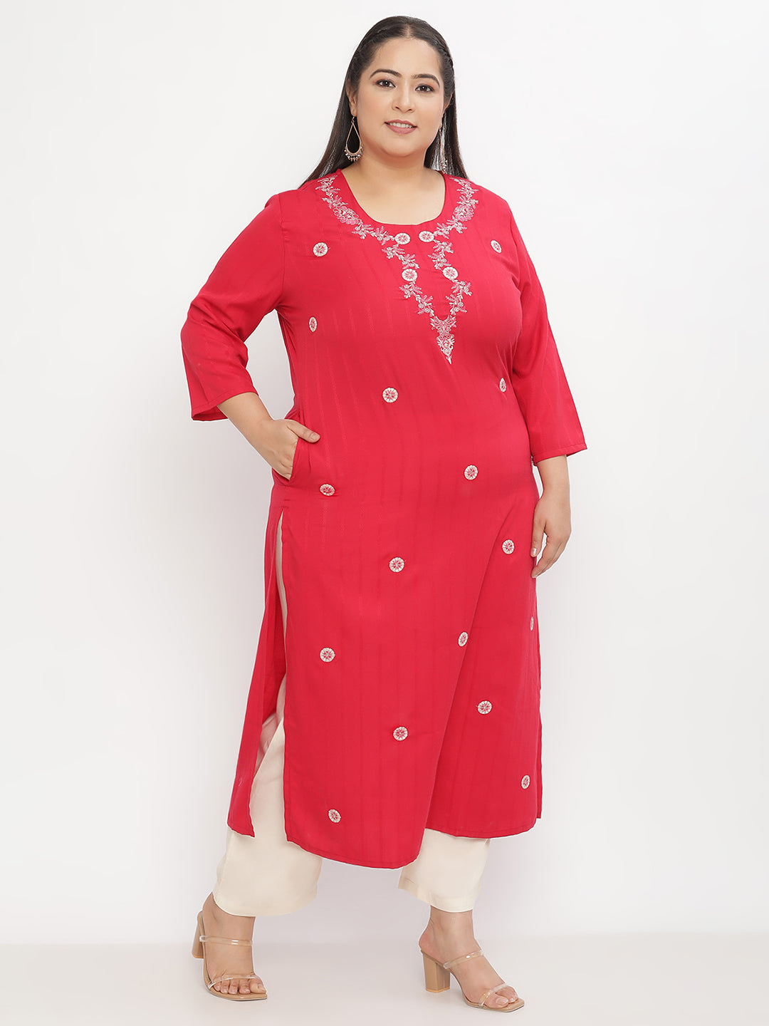 Women Red Embroidered Plus Size Kurta