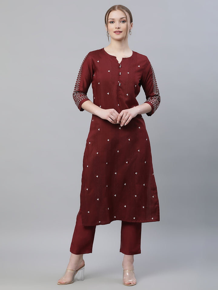 Women Maroon Embroidered Long Kurta with Trousers