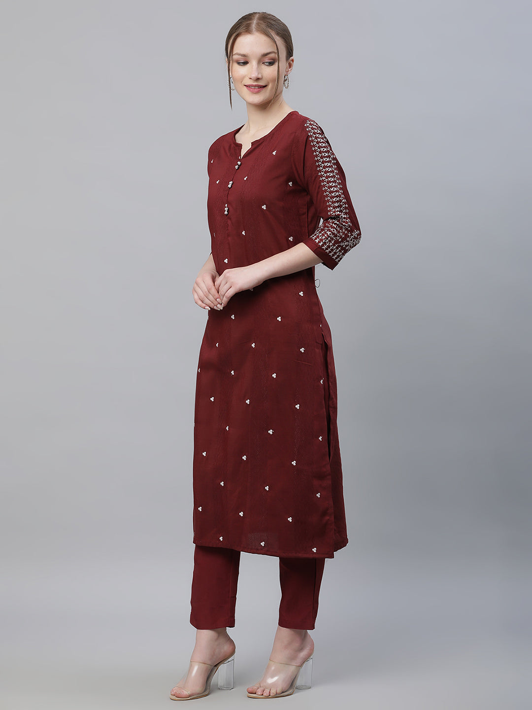 Women Maroon Embroidered Long Kurta with Trousers