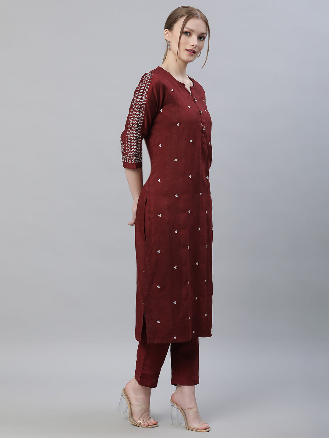 Women Maroon Embroidered Long Kurta with Trousers