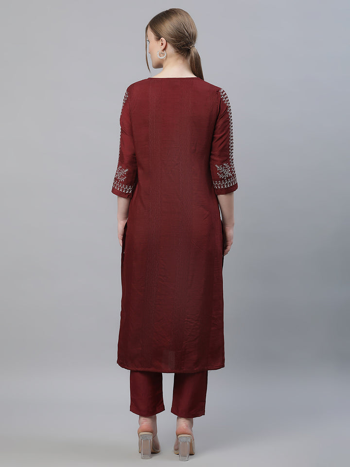 Women Maroon Embroidered Long Kurta with Trousers