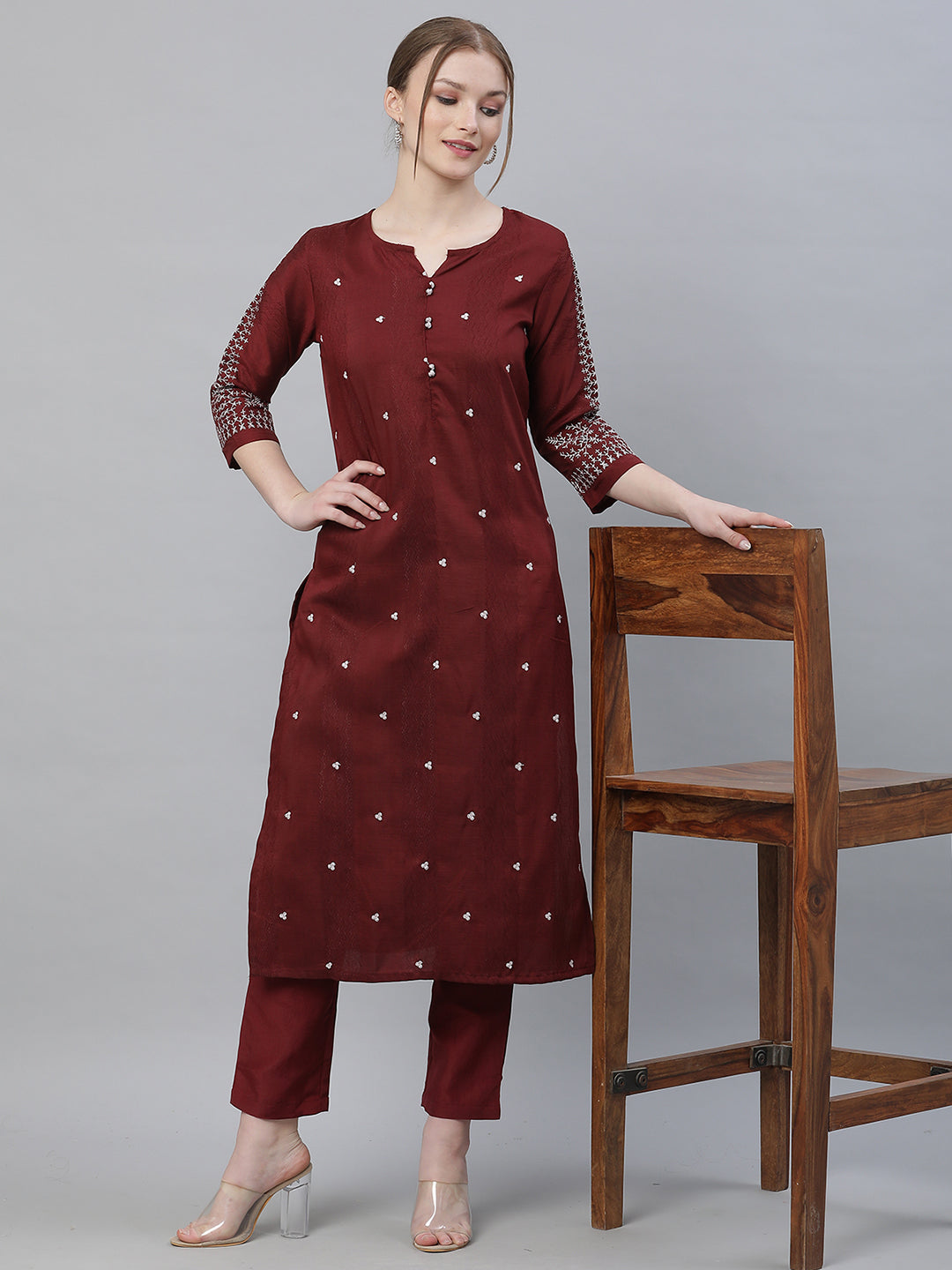 Women Maroon Embroidered Long Kurta with Trousers