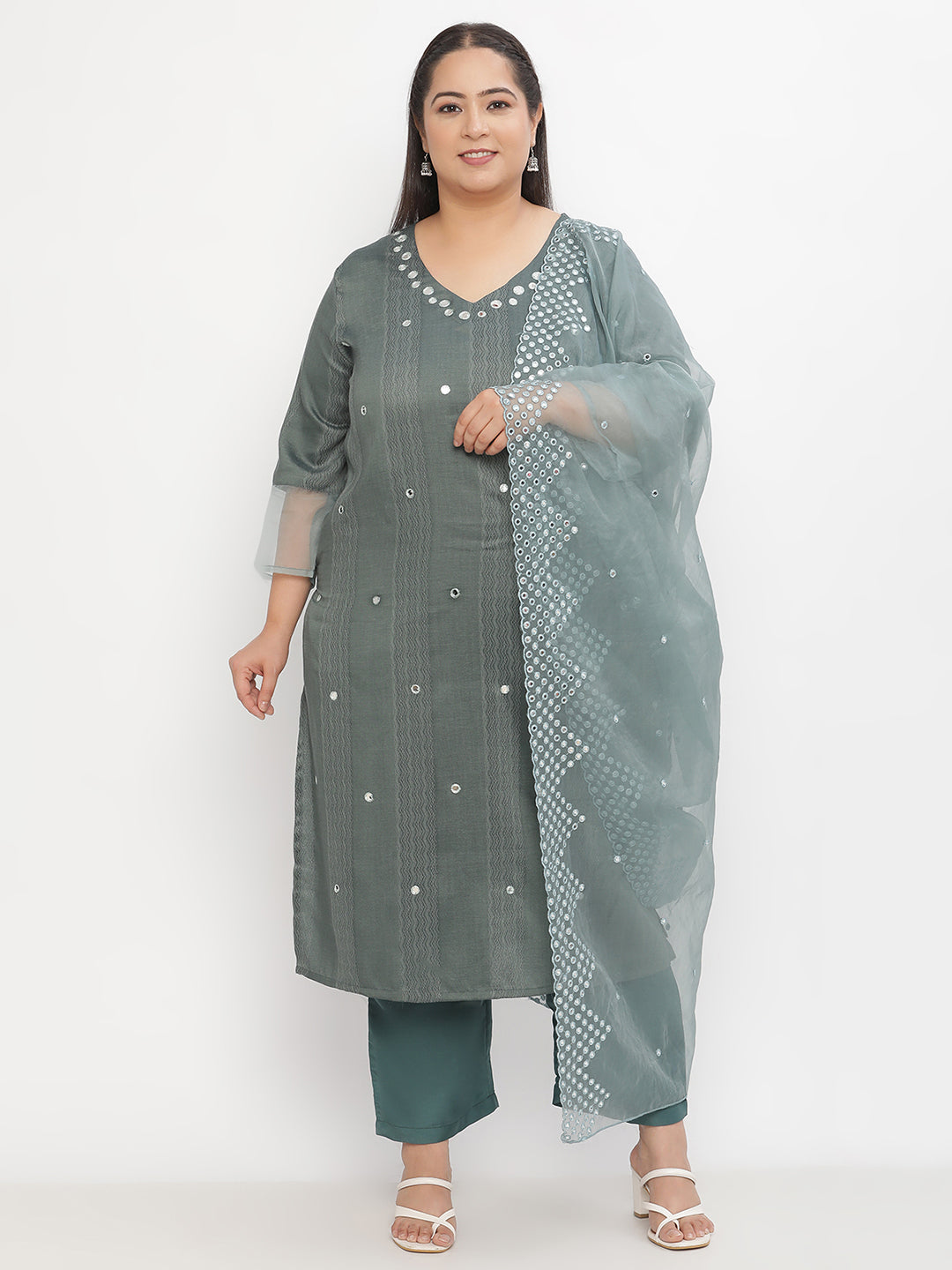 Women Green Mirror Work Embroidered Plus Size Kurta with Trousers and Embroidered Dupatta