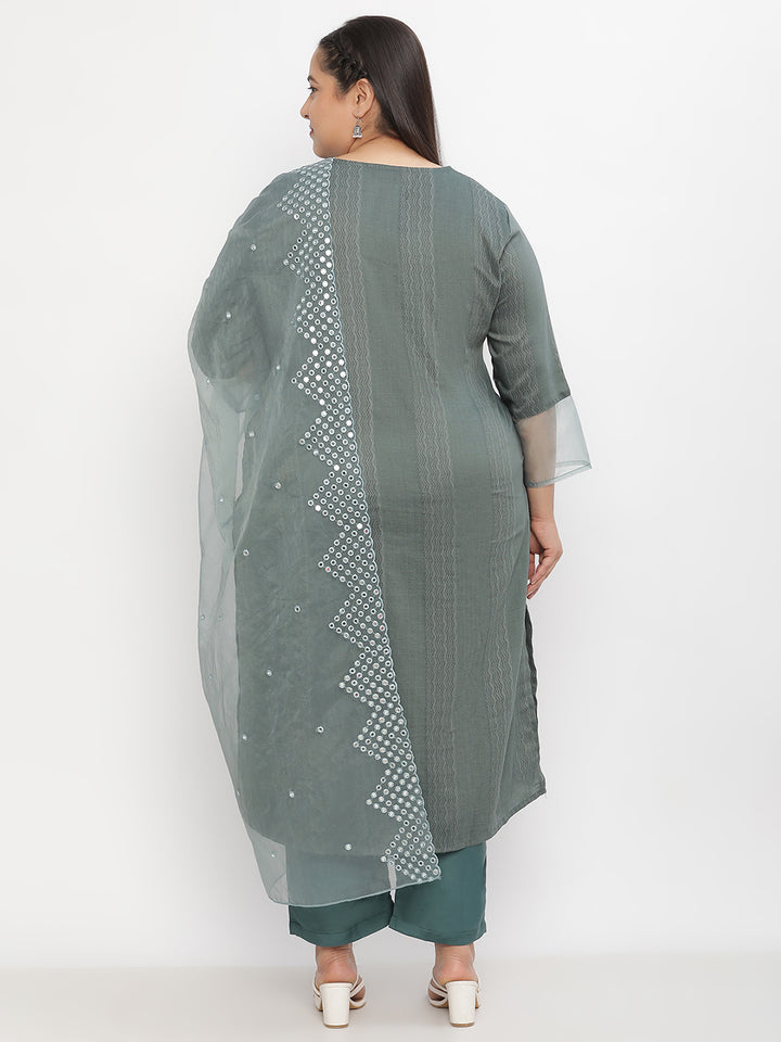 Women Green Mirror Work Embroidered Plus Size Kurta with Trousers and Embroidered Dupatta