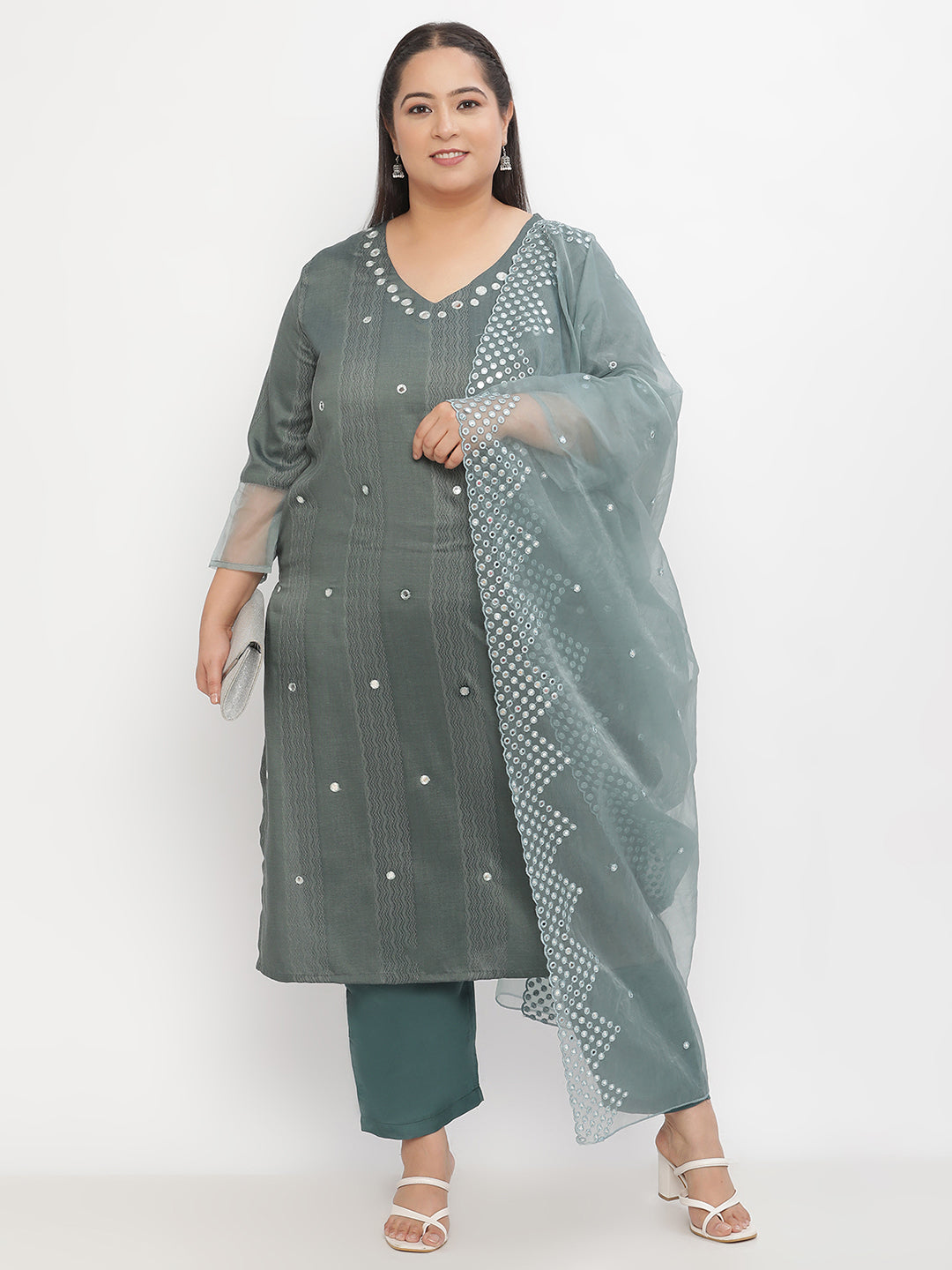 Women Green Mirror Work Embroidered Plus Size Kurta with Trousers and Embroidered Dupatta