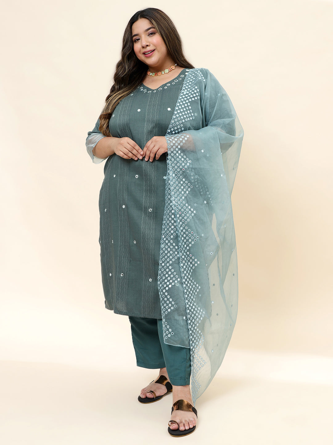 Women Green Printed Plus Size  Kurta with Trouser and Dupatta