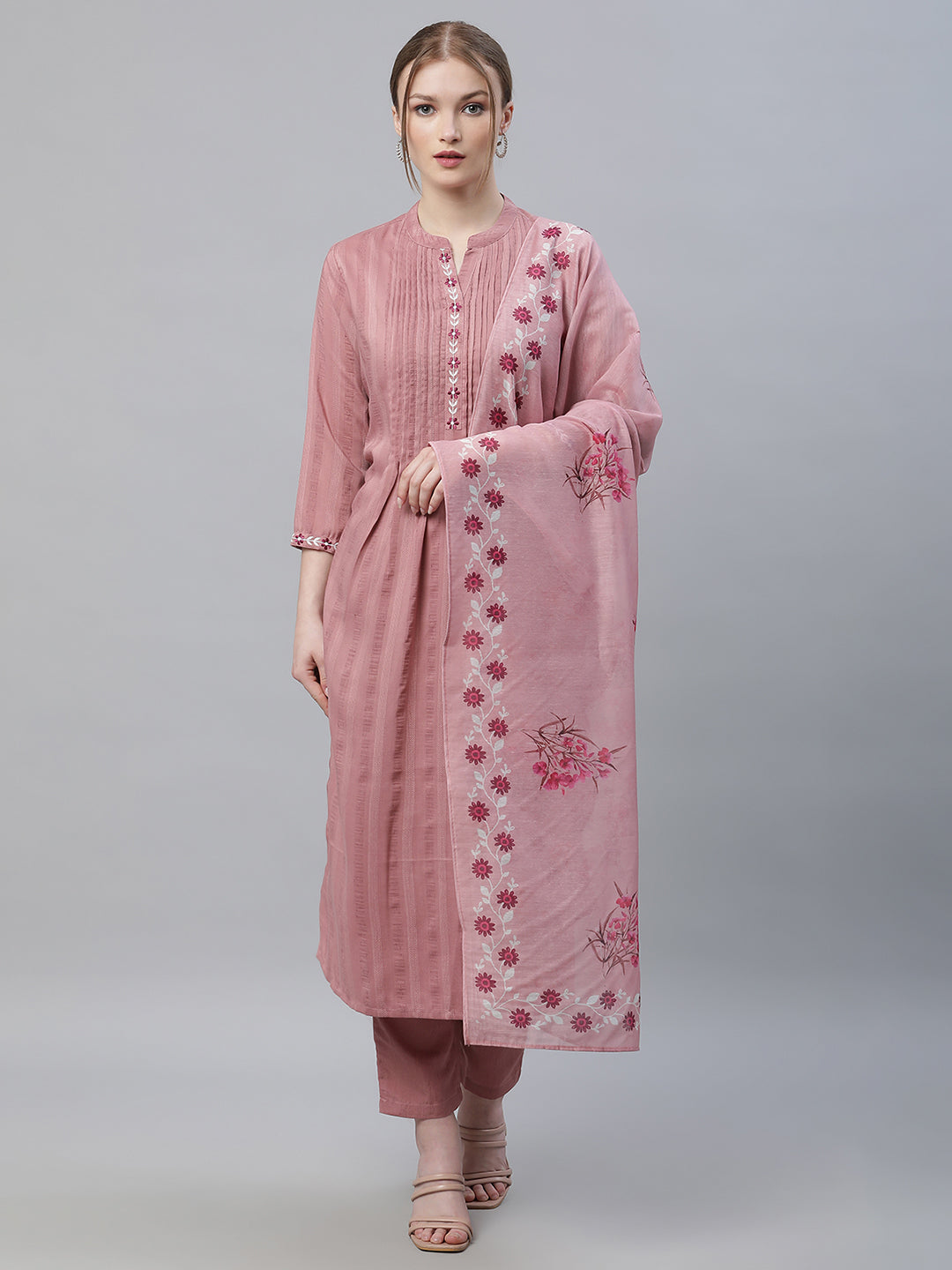 Women Mauve Solid Yoke Embroidered Flared Kurta with Trousers and Dupatta