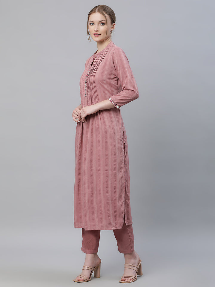 Women Mauve Solid Yoke Embroidered Flared Kurta with Trousers and Dupatta