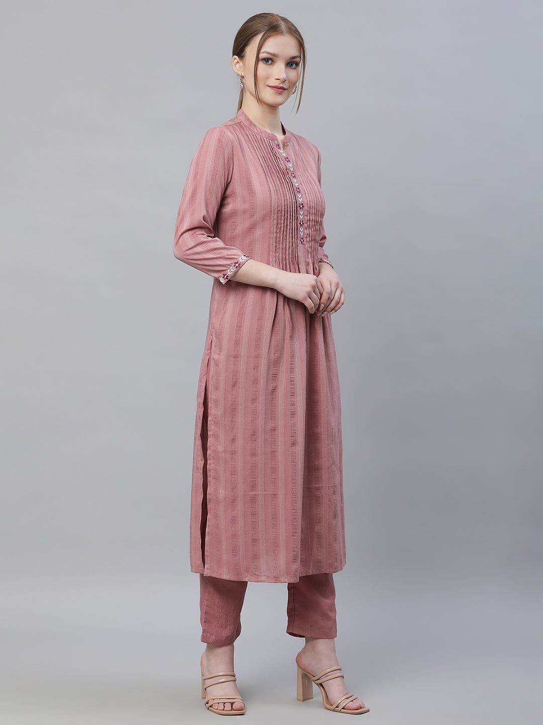 Women Mauve Solid Yoke Embroidered Flared Kurta with Trousers and Dupatta