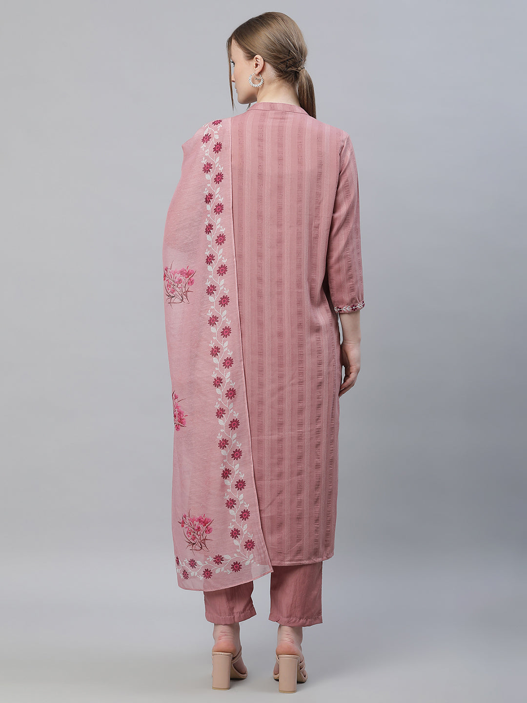 Women Mauve Solid Yoke Embroidered Flared Kurta with Trousers and Dupatta