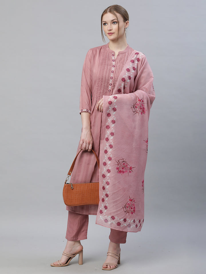 Women Mauve Solid Yoke Embroidered Flared Kurta with Trousers and Dupatta