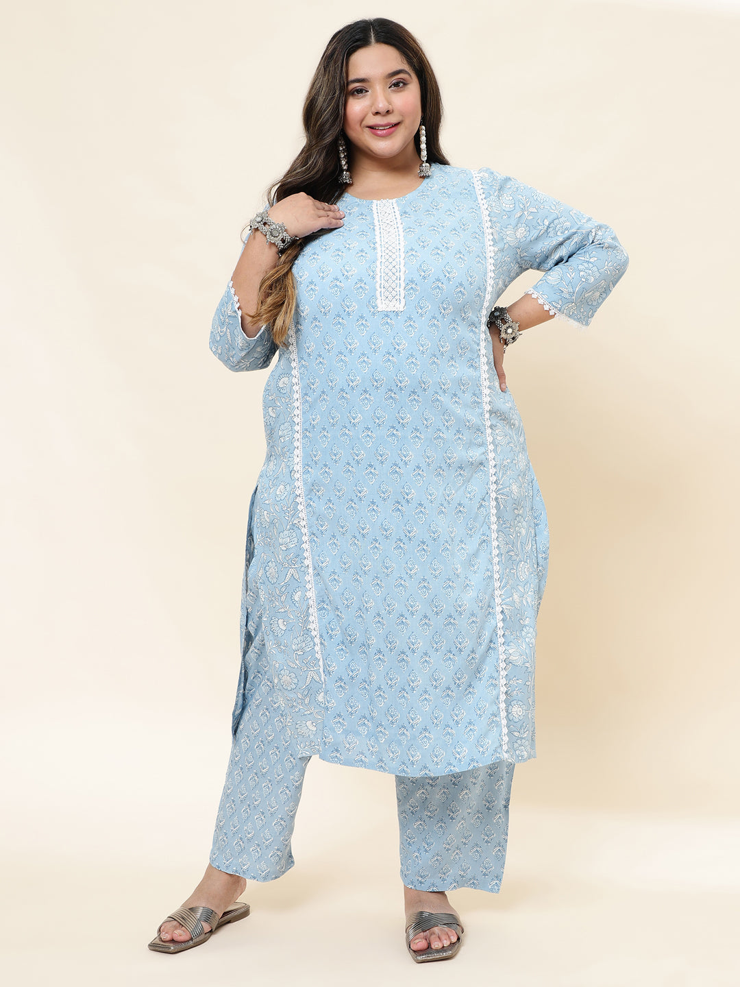 Women Blue Printed Plus Size  Kurta with Trouser