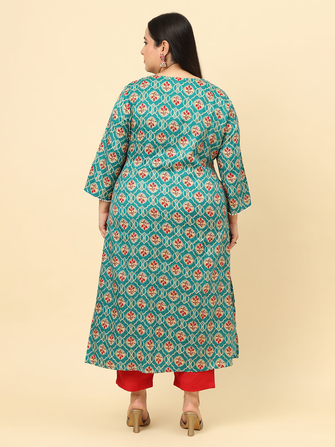 Women Green Floral Printed Plus Size Kurta with trouser