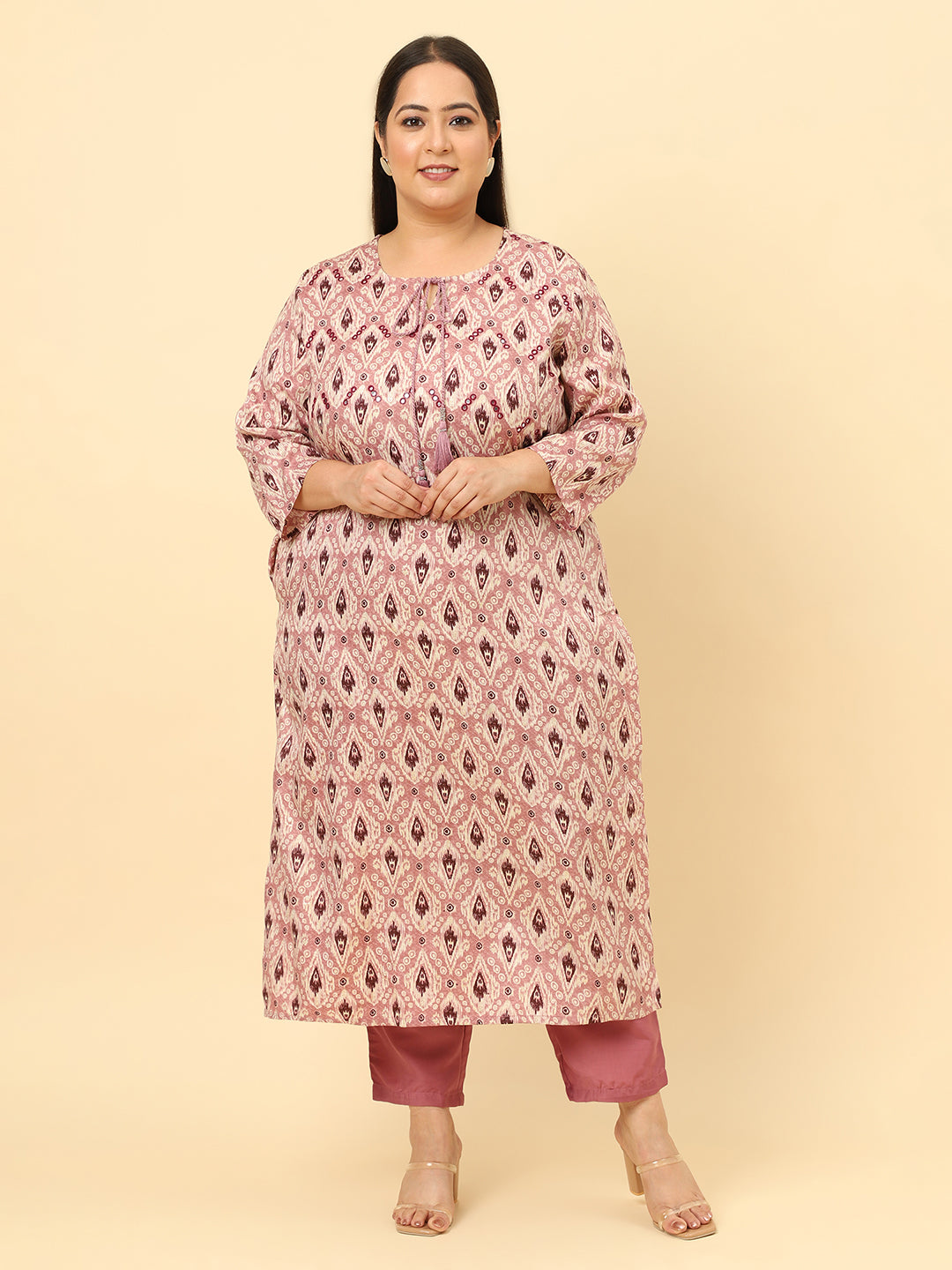 Women Pink Floral Printed Embroidered Plus Size Kurta with trouser