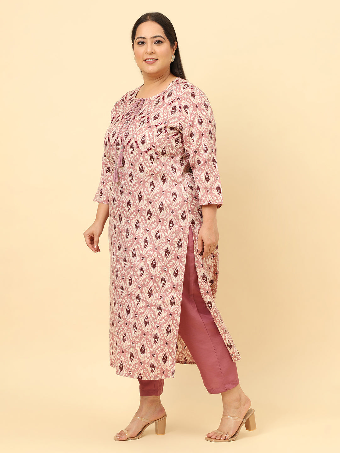 Women Pink Floral Printed Embroidered Plus Size Kurta with trouser