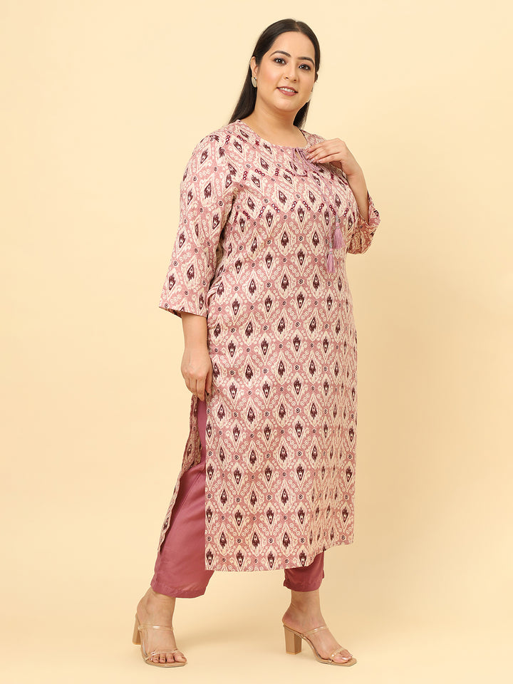 Women Pink Floral Printed Embroidered Plus Size Kurta with trouser