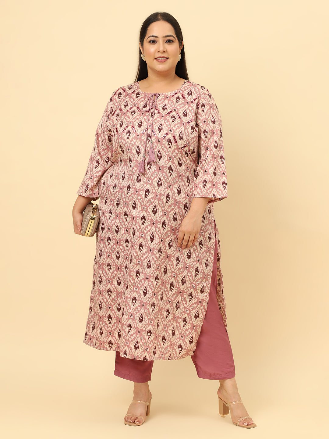 Women Pink Floral Printed Embroidered Plus Size Kurta with trouser