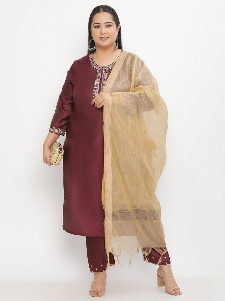 Women Purple Embroidered Plus Size Kurta with Trouser and Dupatta