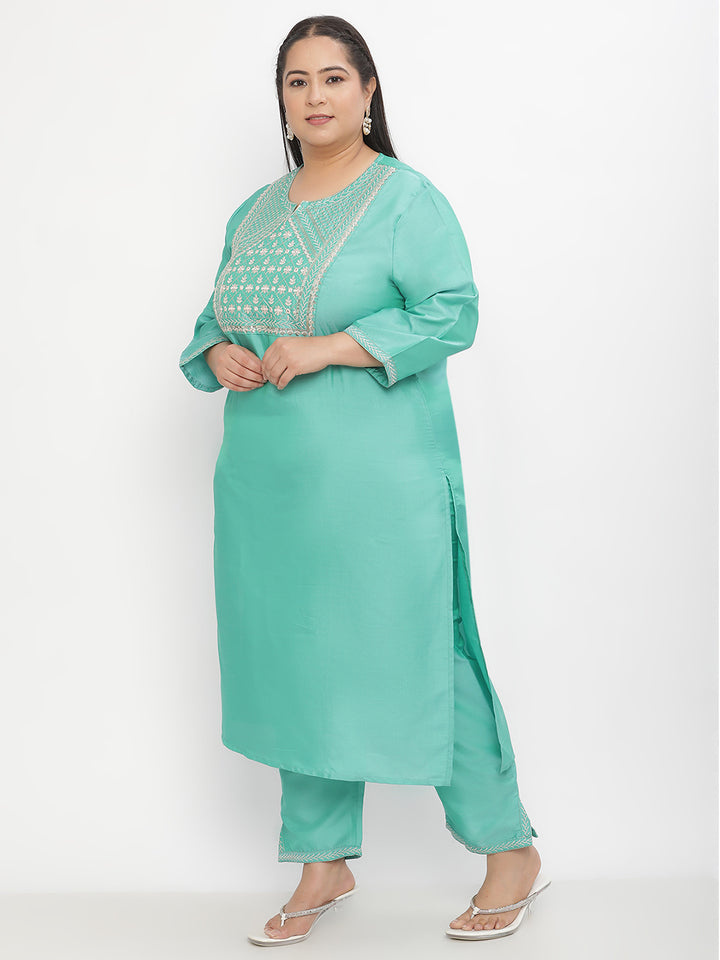 Women Green Embroidered Thread Work Plus Size Kurta with Trousers and Dupatta