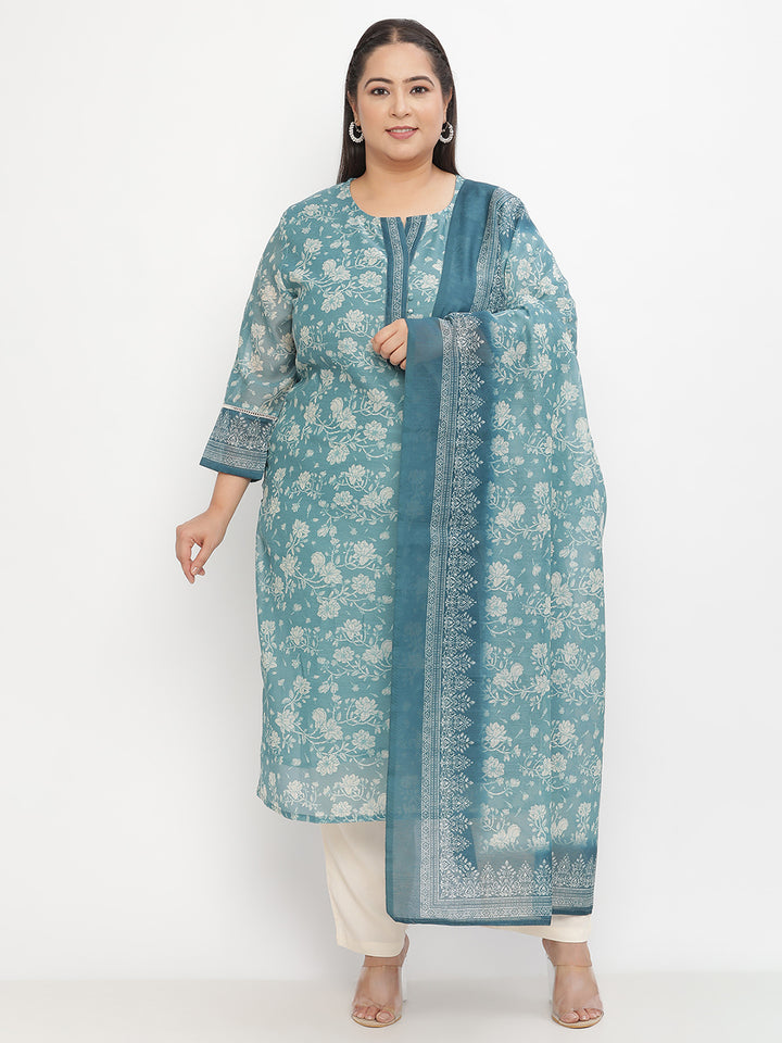 Women Green Floral Printed Plus Size Kurta with Trouser and Dupatta