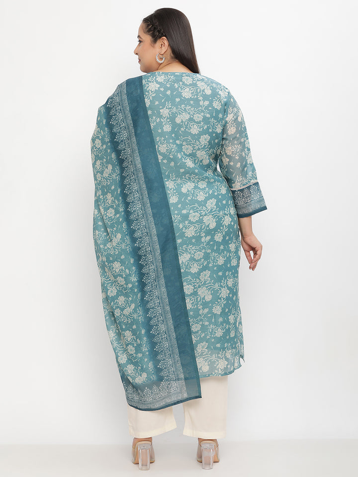 Women Green Floral Printed Plus Size Kurta with Trouser and Dupatta