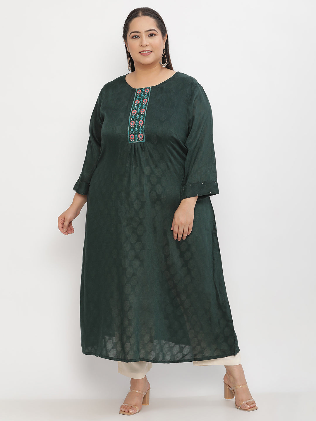 Women Green Embroidered Plus Size Kurta