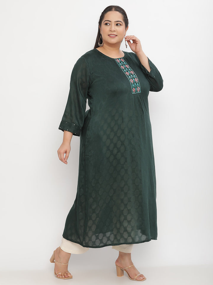 Women Green Embroidered Plus Size Kurta