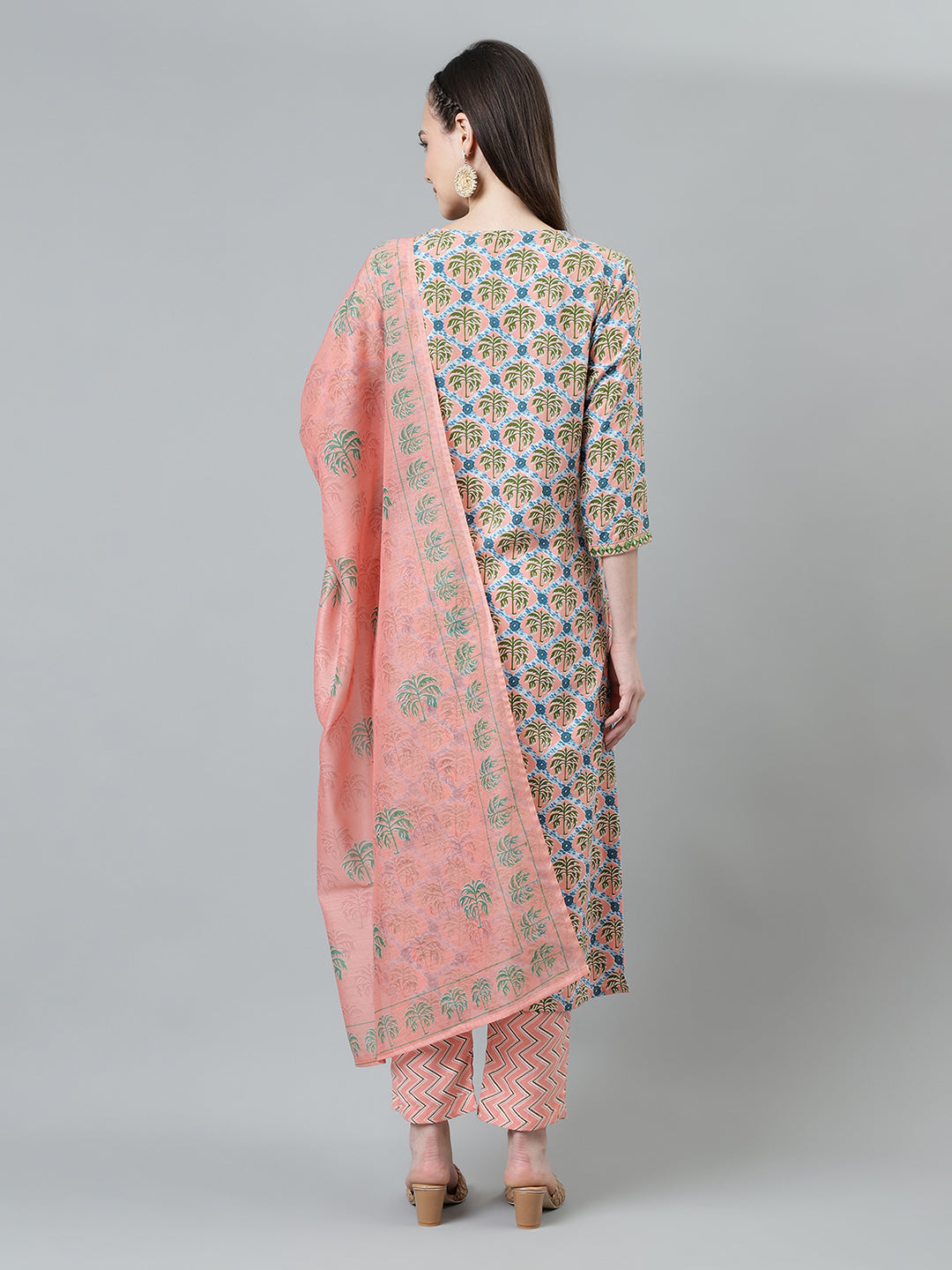 Women Peach Floral Printed Kurta with Trousers and Dupatta