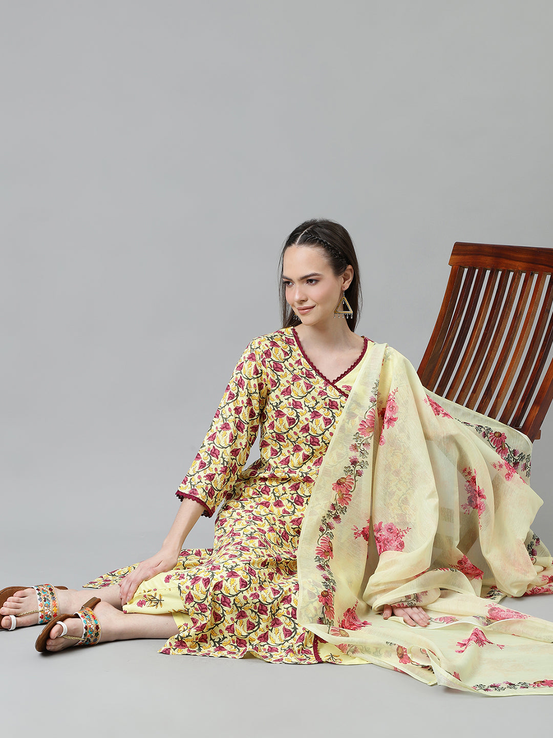 Women Yellow Floral Printed Kurta with Trousers and Dupatta
